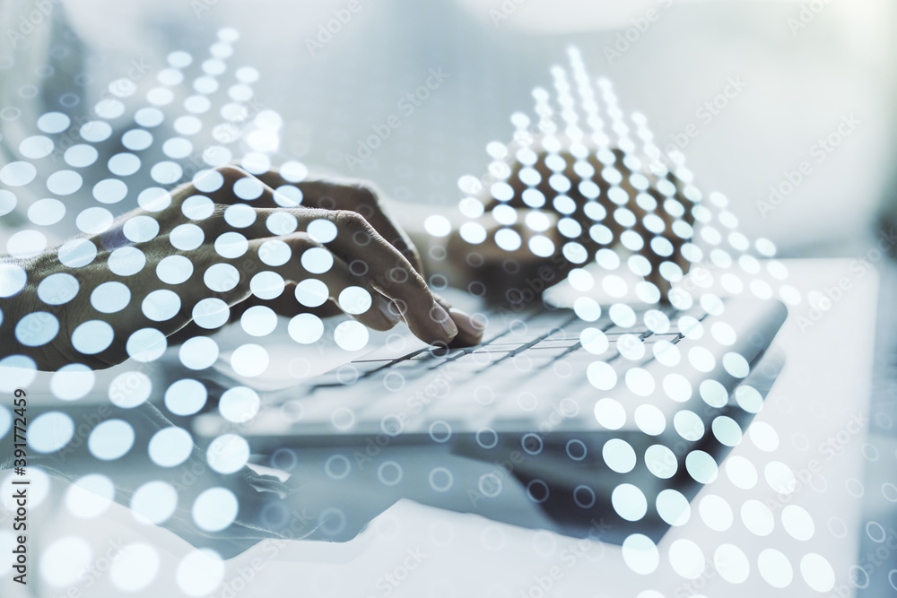 Poster creative abstract upward arrows sketch and hands typing on computer keyboard on background, target a