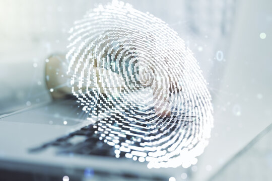 Multi exposure of abstract creative fingerprint illustration with hands typing on computer keyboard on background, digital access concept