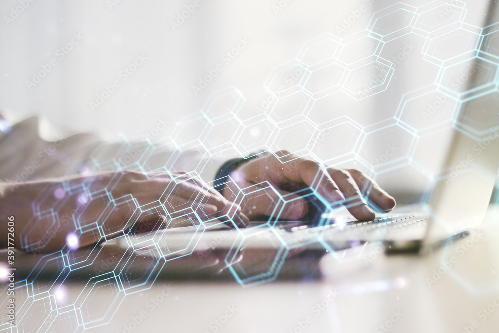 Aufkleber Creative abstract wireless technology hologram with hexagon and hands typing on computer keyboard on background, artificial intelligence and machine learning concept. Multi exposure