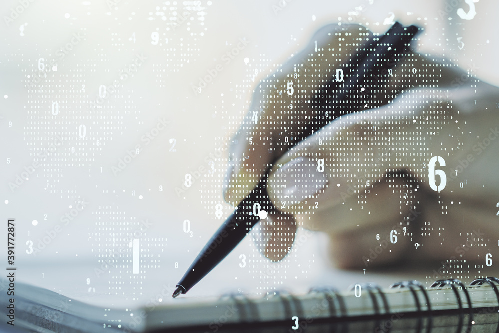 Poster double exposure of abstract creative programming illustration with world map and woman hand writing 