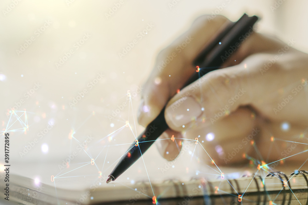 Aufkleber Double exposure of technology hologram and woman hand writing in notebook on background. Research and development software concept