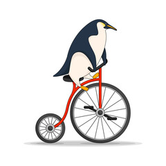 Cute cartoon penguin riding a bicycle. Vector illustration