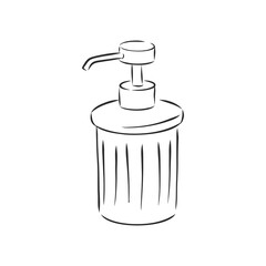 Hand drawn doodle White cosmetic bottle. Black stroke, simple line. Vector illustration isolated on white background. soap dispenser vector sketch illustration
