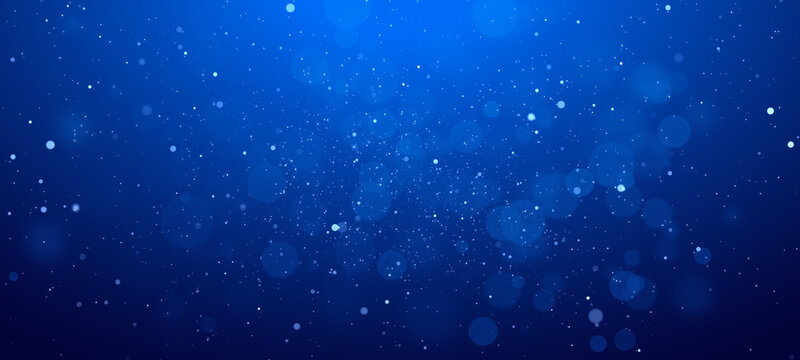 Banner Blue bokeh particles glitter awards dust gradient abstract background. Futuristic glittering in space on blue background.