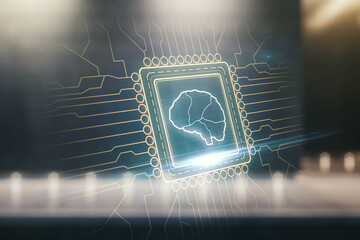 Virtual creative artificial Intelligence hologram with human brain sketch on blurry modern office building background. Multiexposure