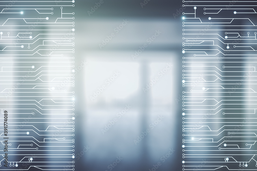 Poster abstract virtual microscheme illustration on empty corporate office background. big data and databas