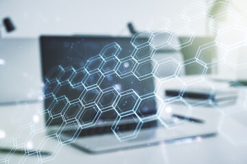 Creative abstract wireless technology hologram with hexagon on modern computer background, artificial intelligence and machine learning concept. Multi exposure