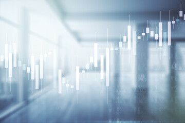 Multi exposure of virtual abstract financial graph interface on modern interior background, financial and trading concept