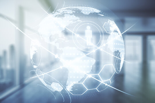 Virtual social network hologram and world map on empty corporate office background. Multiexposure