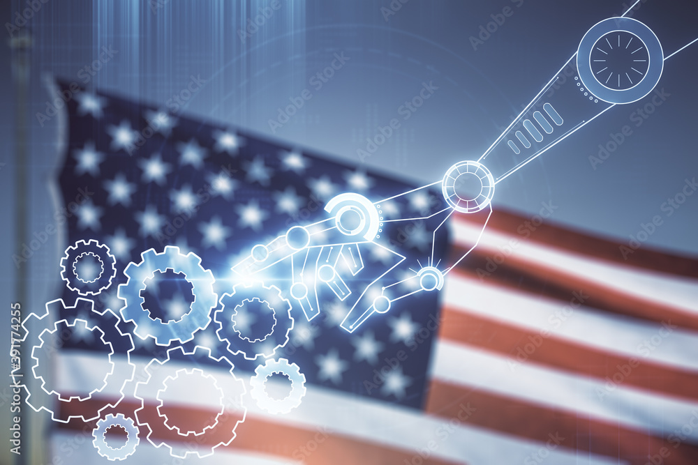 Poster abstract virtual robotics technology hologram on usa flag and sunset sky background. robot developme