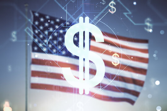 Virtual USD symbols illustration on USA flag and sunset sky background. Trading and currency concept. Multiexposure