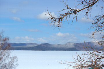 A view of the lake Turgoyak in the winter. Chelyabinsk region, Miass city