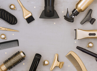 Template for new year and Christmas greetings with Hairdresser's tools. Gold and black hair salon...