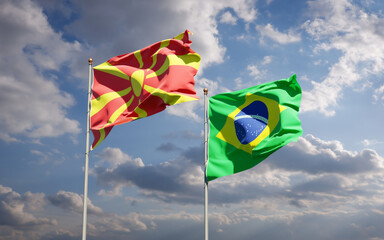 Beautiful national state flags of North Macedonia and Brasil.