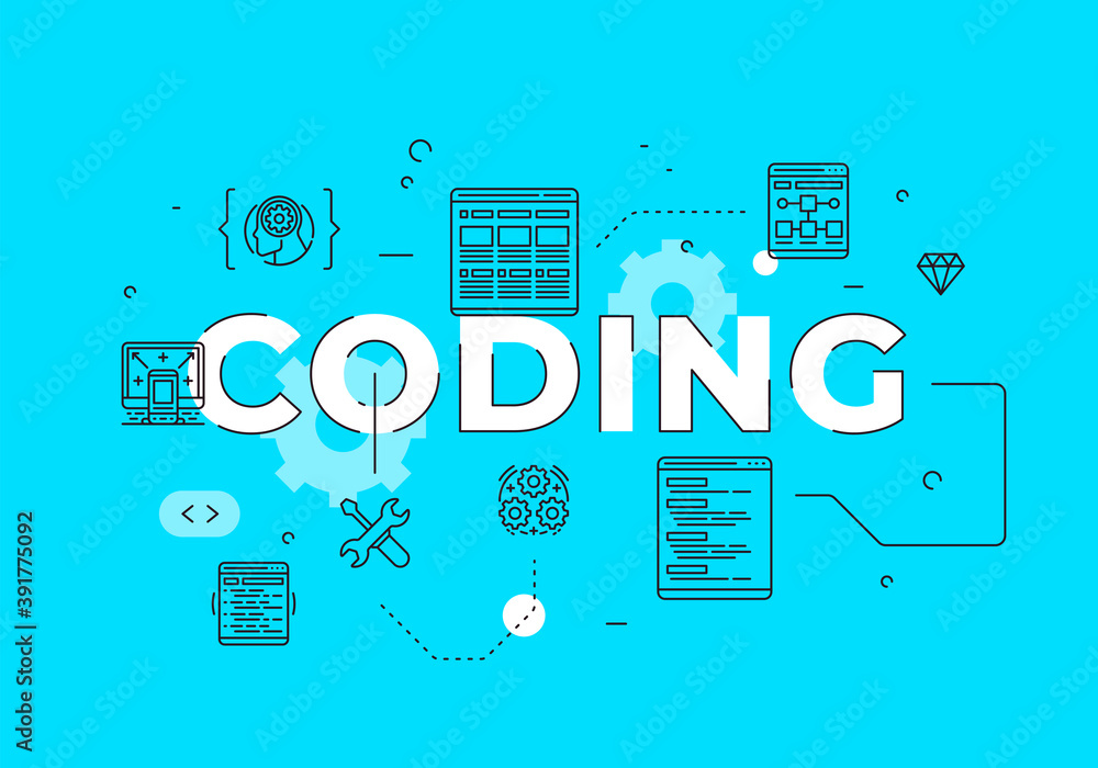 Poster coding text concept modern flat style vector illustration red banner with outline icons