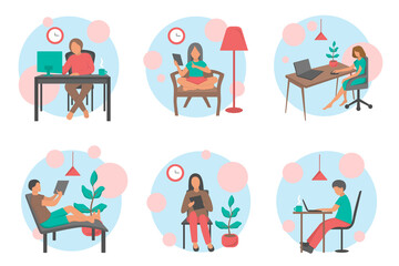 People work at home office vector flat illustration. Freelancer character working from home workplace. Young man and woman freelancers working on laptops.