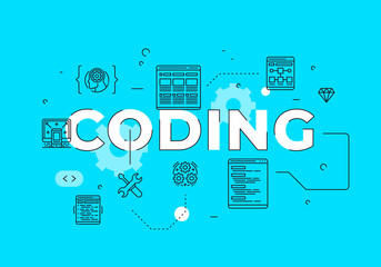 Coding text concept modern flat style vector illustration red banner with outline icons