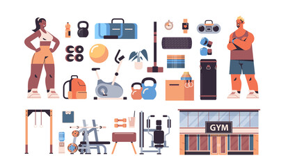 mix race couple in sportswear with different equipment gym tools set fitness training healthy lifestyle concept horizontal full length vector illustration