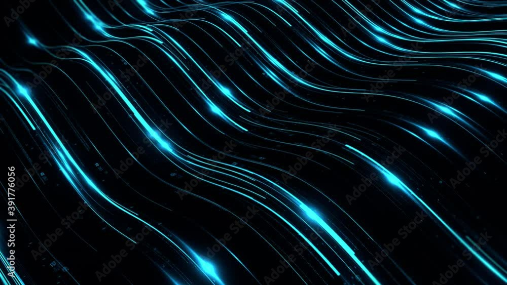 Poster blue 3d render loop animation of digital light trails. fast data transfer concept. render with depth