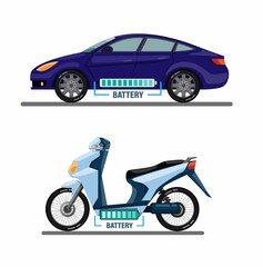 Electric vehicle, Car and Motorcycle with battery bar information symbol concept in cartoon illustration vector