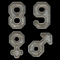 Set of numbers 8, 9 and symbols female, male made of industrial metal on black background 3d rendering