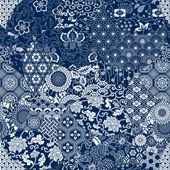 Zelfklevend Fotobehang Japanese traditional fabric patchwork wallpaper  abstract floral vector  seamless pattern © PrintingSociety