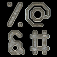 Set of symbols percent, at, ampersand and hash made of industrial metal on black background 3d