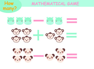 mathematical examples of addition and subtraction with cute animals. educational page for children.