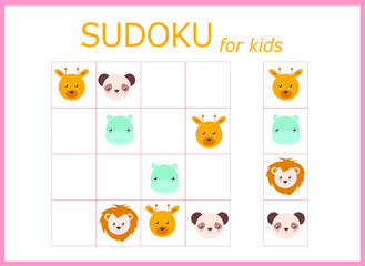 Sudoku for kids. Children's puzzles. Educational game for children. cute animals (monkey, lion, giraffe, panda, hippopotamus, bear)