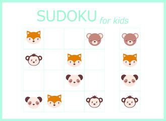 Obraz na płótnie Canvas Sudoku for kids. Children's puzzles. Educational game for children. cute animals (monkey, lion, giraffe, panda, hippopotamus, bear)