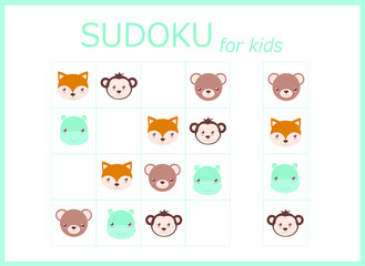 Sudoku for kids. Children's puzzles. Educational game for children. cute animals (monkey, lion, giraffe, panda, hippopotamus, bear)