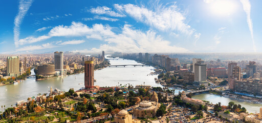 Cairo downtown panorama from the Tower, view on the Nile, Buildings and bridges, Egypt