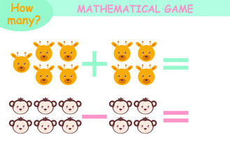 mathematical examples of addition and subtraction with cute animals. educational page for children.