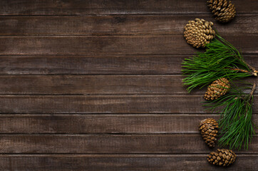 Top view of brown wooden table and green fir and cones on it.Empty space