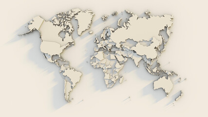 World map with raised continents and countries. 3d render.