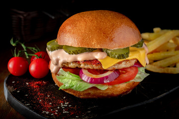 Large BBQ cheeseburger with beef, cheese, tomatoes, cucumbers and French fries on a black wooden Board