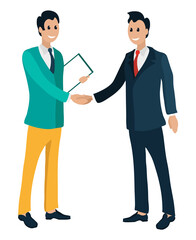 Male person shaking hands isolated cartoon characters. Vector managers in suits, businessman workers, male with folder. Partners after negotiations