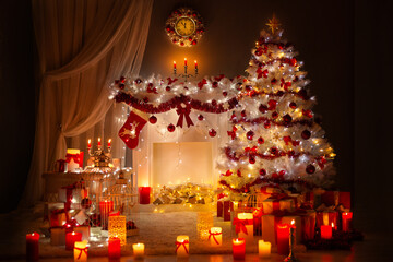Christmas Room Interior Design. Xmas Tree Decorated By Lights. Fireplace and Clock. Presents Gifts Toys, Candles and Garland Shining at Night