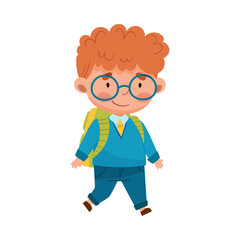 Boy Character Going to School with Backpack Vector Illustration
