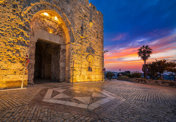 Zion Gate, one of the gates of the old city of Jerusalem, connecting the Jewish quarter, the...