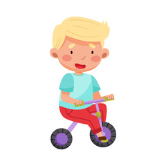 Little Boy with Blonde Hair Riding Bicycle Vector Illustration