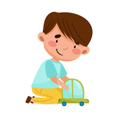 Little Boy Sitting on Floor and Playing with Toy Car Vector Illustration