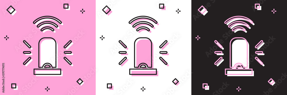 Poster set smart flasher siren system icon isolated on pink and white, black background. emergency flashing