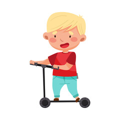 Little Boy with Blonde Hair Riding Scooter Vector Illustration