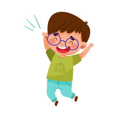 Happy Boy Character with Dark Hair Jumping High with Joy and Excitement Vector Illustration