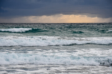 The rough waters of the Mediterranean Sea at the beach at Agia Napa, Cyprus, after a thunderstorm in winter