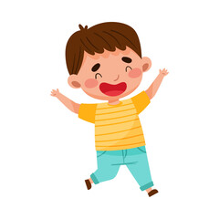 Happy Boy Character with Dark Hair Jumping High with Joy and Excitement Vector Illustration