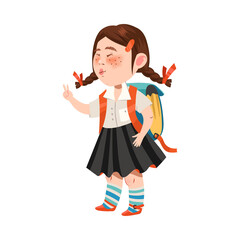 Cute Girl Character with Backpack Going to School Vector Illustration