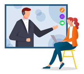 Online education, training or e-learning concept. Website for tutorials and business courses. Video conference, girl sitting on chair with laptop communicating with man in headphones on screen