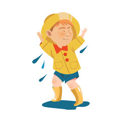 Cheerful Boy Character in Rubber Boots Jumping in Puddle Vector Illustration